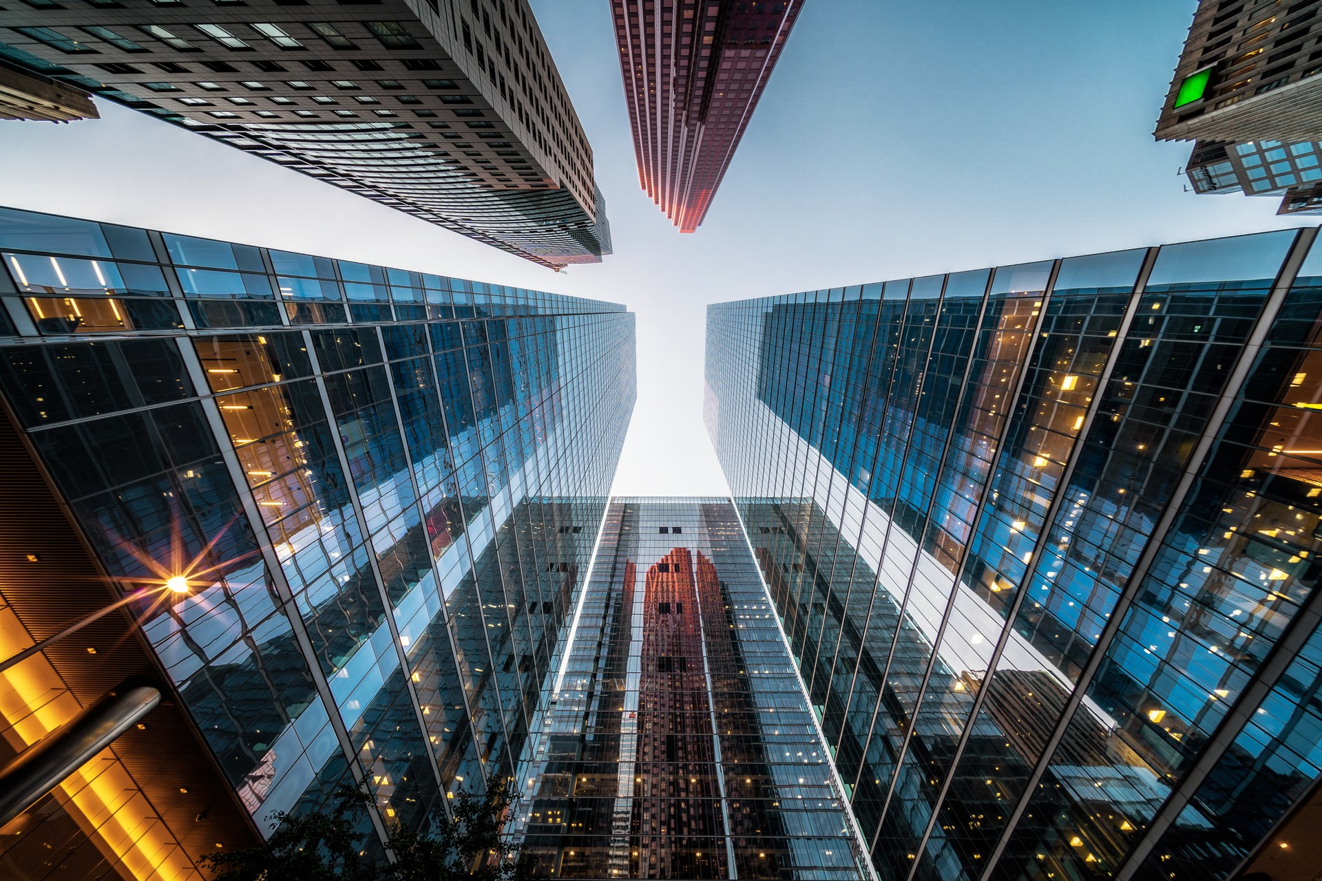 Business and Finance, Looking Up at High Rise Office Building Architecture in the Financial District of a Modern Metropolis